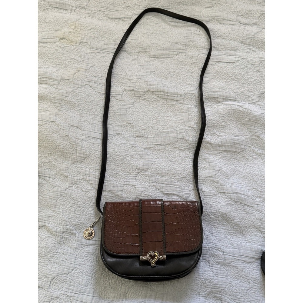Brighton Embossed Brown, Black Leather Front Flap Magnetic Crossbody Bag